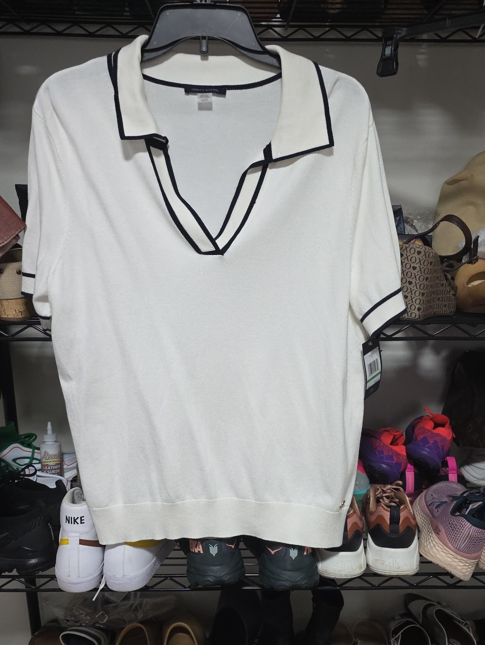 Tommy Hilfiger Cream V-Neck Short Sleeve Sweater with Black Trim